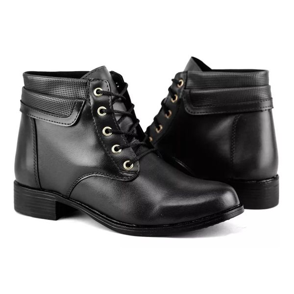 Coturno Feminino com Cadarço em Couro Ecológico - Preto