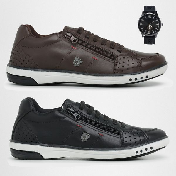 Combo 2 Pares de Sapatenis Madrid + Relógio - Preto e Cafe