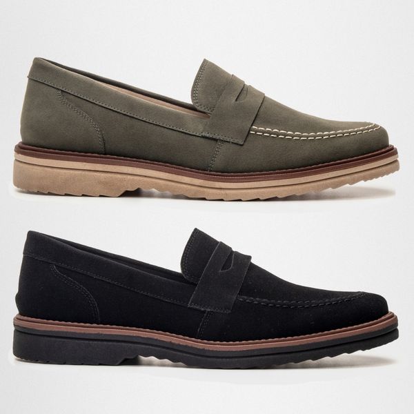 Kit 2 Mocassim Masculino Loafer Derby em Camurça - Preto + Oliva