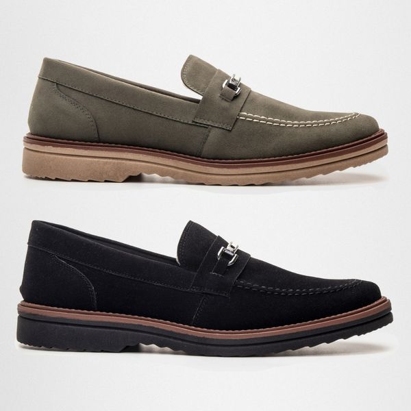 Kit 2 Mocassim Masculino Loafer Derby em Camurça - Preto + Oliva