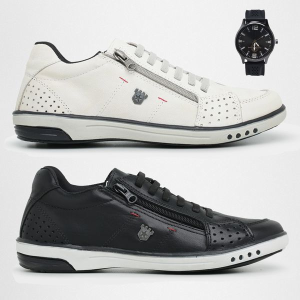 2 Tenis Masculino Casual Ajuste Elástico Leve e Confort + Relógio Digital - Gelo + Preto