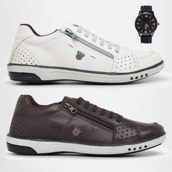 2 Tenis Masculino Casual Ajuste Elástico Leve e Confort + Relógio Digital - Gelo + Café
