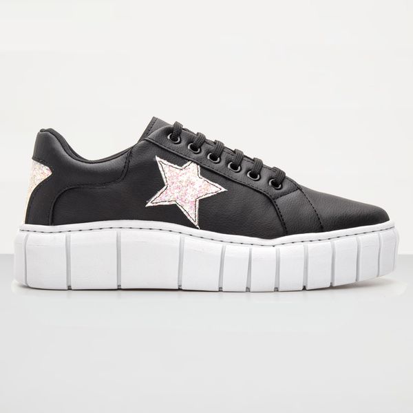 Tênis Feminino Casual com Detalhe em Estrela - Preto com Branco