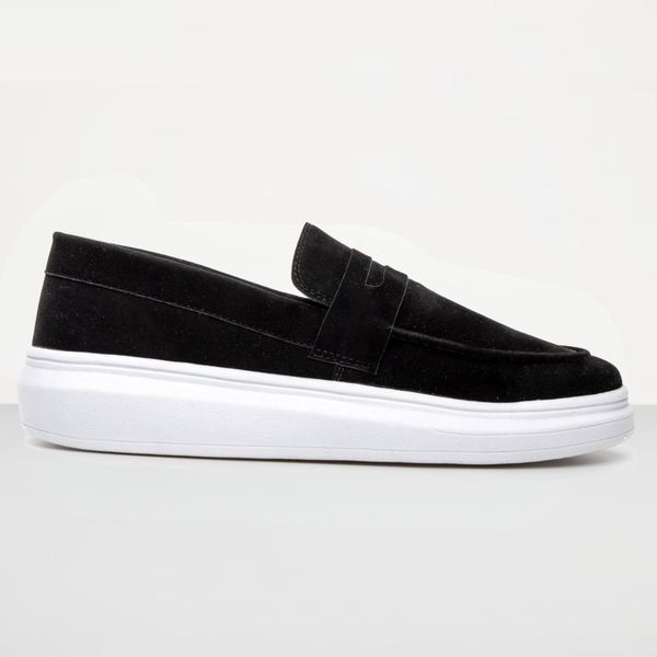 Mocassim Masculino Sola Alta Loafer Derby em Camurça - Preto/Branco