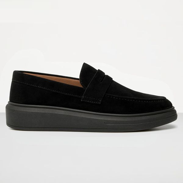 Mocassim Masculino Sola Alta Loafer Derby em Camurça - Preto/Preto