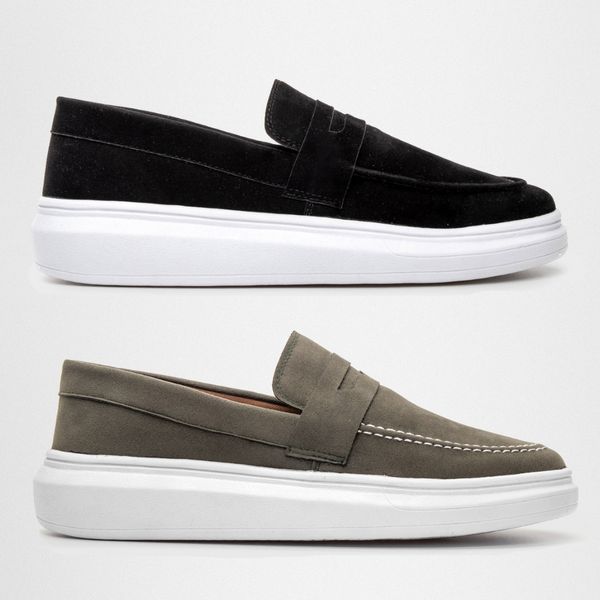 Kit 2 Mocassim Masculino Loafer Derby em Camurça - Preto/Branco + Oliva
