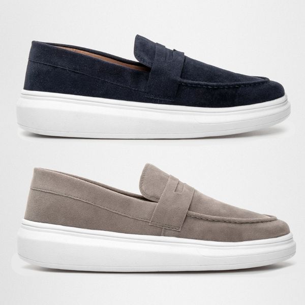 Kit 2 Mocassim Masculino Loafer Derby em Camurça - Azul + Cinza