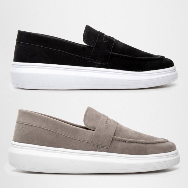 Kit 2 Mocassim Masculino Loafer Derby em Camurça - Preto/Branco + Cinza