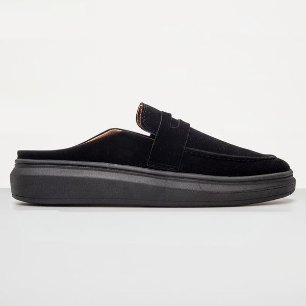 Mule Masculino Sola Alta Loafer Derby em Camurça - Preto/Preto
