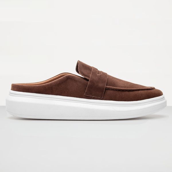 Mule Masculino Sola Alta Loafer Derby em Camurça - Café