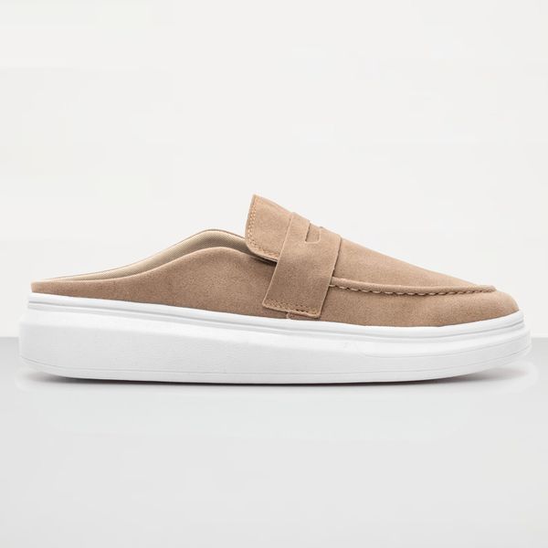 Mule Masculino Sola Alta Loafer Derby em Camurça - Bege