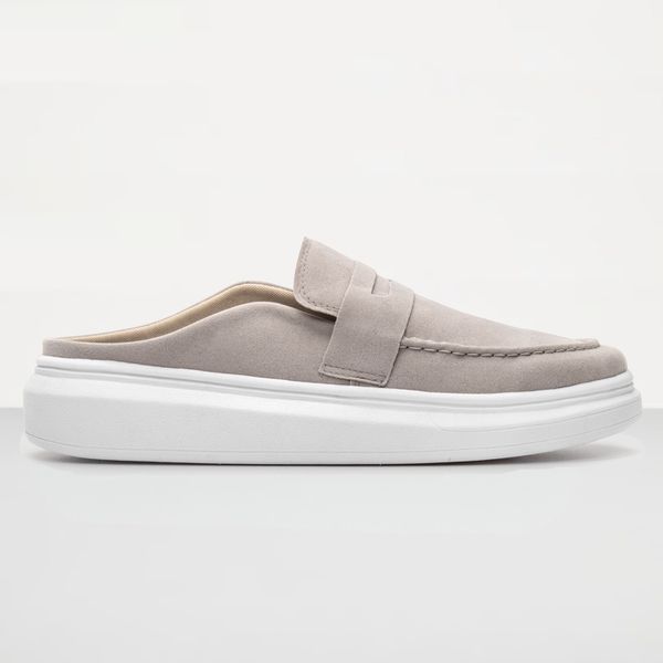 Mule Masculino Sola Alta Loafer Derby em Camurça - Cinza