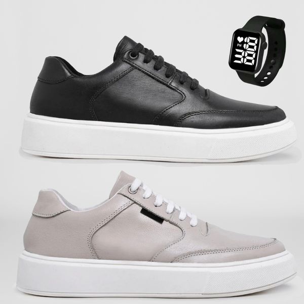 2 Tenis Masculino Casual Sola Reta Leve e Confort + Relógio Digital - Preto/Branco + Cinza