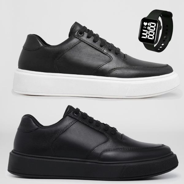 2 Tenis Masculino Casual Sola Reta Leve e Confort + Relógio Digital - Preto/Branco + Preto/Preto