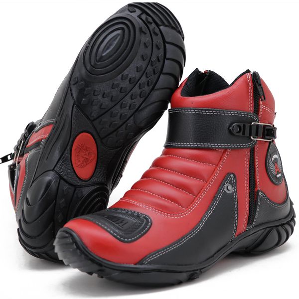 Bota de motociclista em couro legítimo nas cores vermelho e preto 304