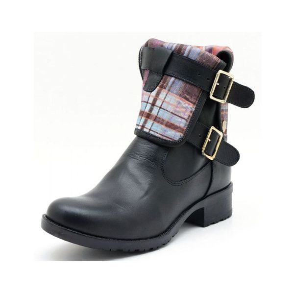 Coturno feminino de couro preto e estampa xadrez 9105