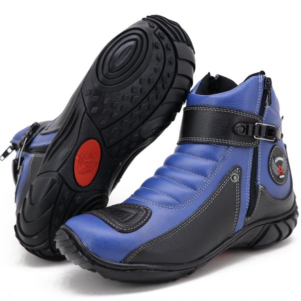 Bota motociclista em couro legítimo nas cores azul e preto 304