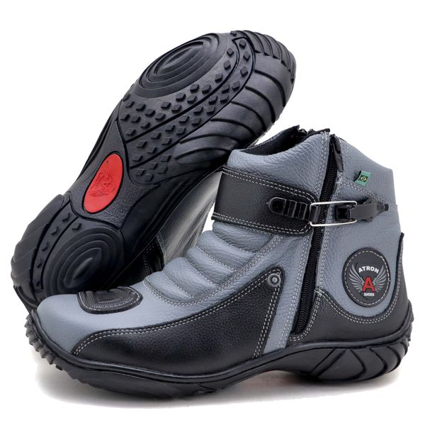 Bota motociclista Atron Shoes em couro legítimo 271 personalizado cinza e preto