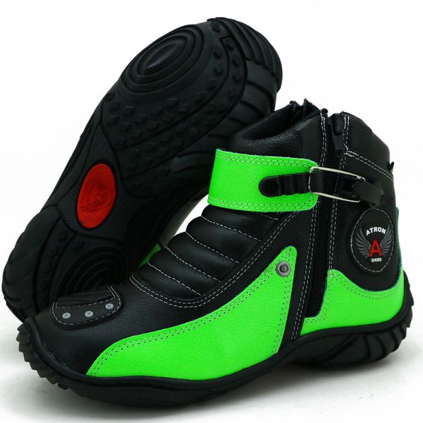 Bota motociclista Atron Shoes preta e verde em couro legítimo 271