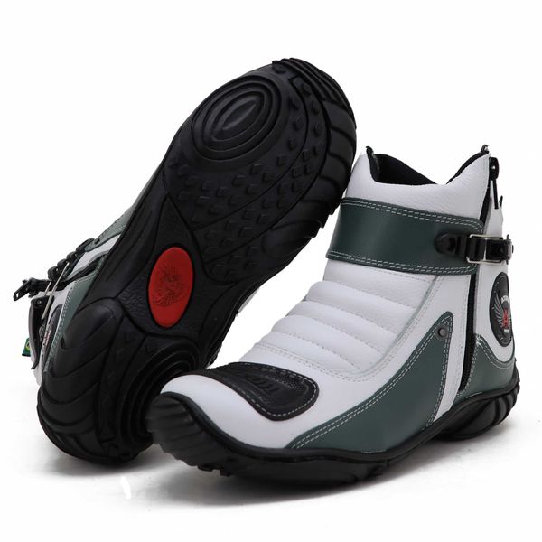 Bota para motociclista de couro branco e verde bandeira 271