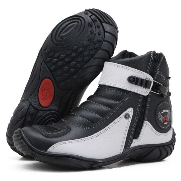 Bota motociclista em couro legítimo na cor preta e branca 271
