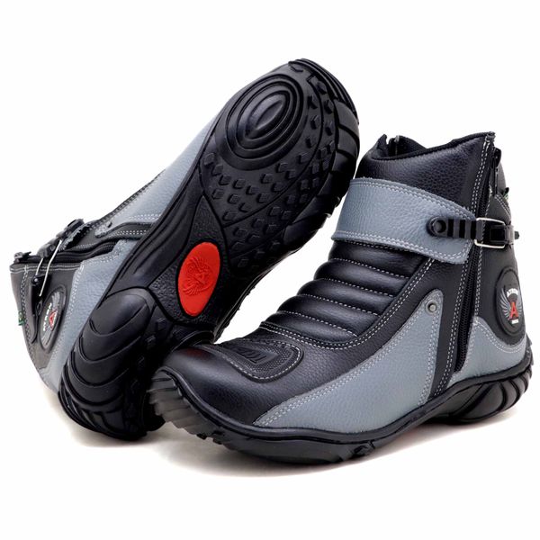 Bota motociclista de couro legítimo na cor preta e cinza 271