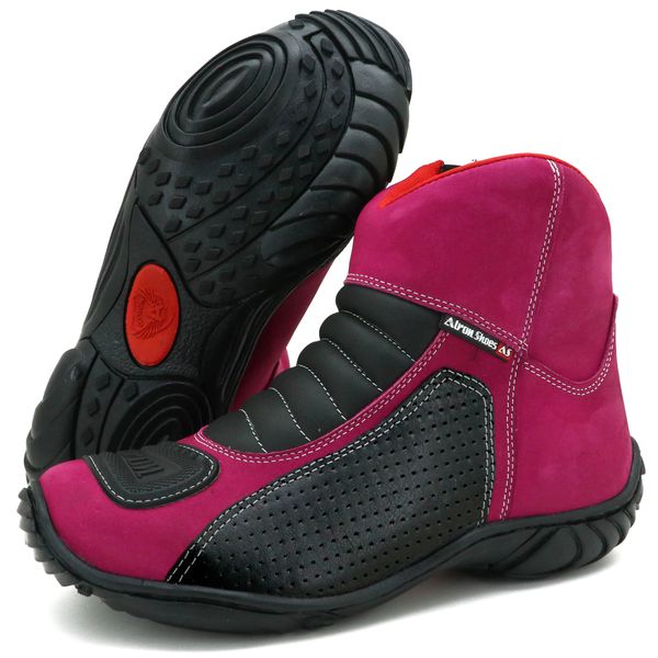 Bota feminina motociclista pink de couro legítimo semi impermeável 305
