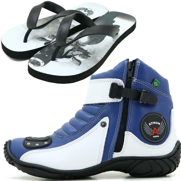 Bota semi impermeável motociclista em couro legítimo azul e branco 271 com chinelo estampado