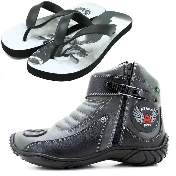 Bota para motociclista em couro legítimo cinza e preto 271 com chinelo estampado