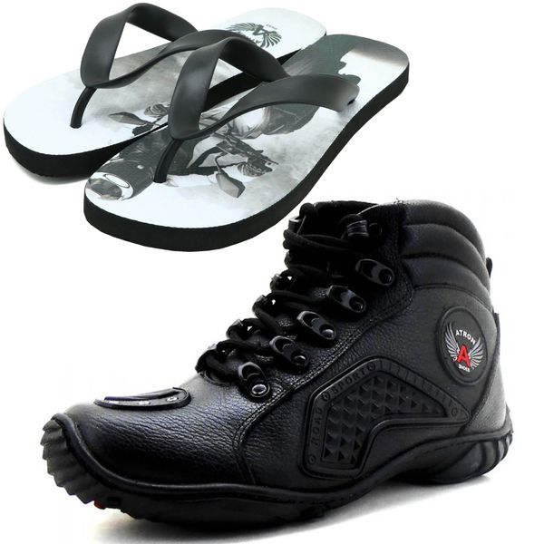 Tênis preto motociclista em couro legítimo de amarrar 274 com chinelo estamapado