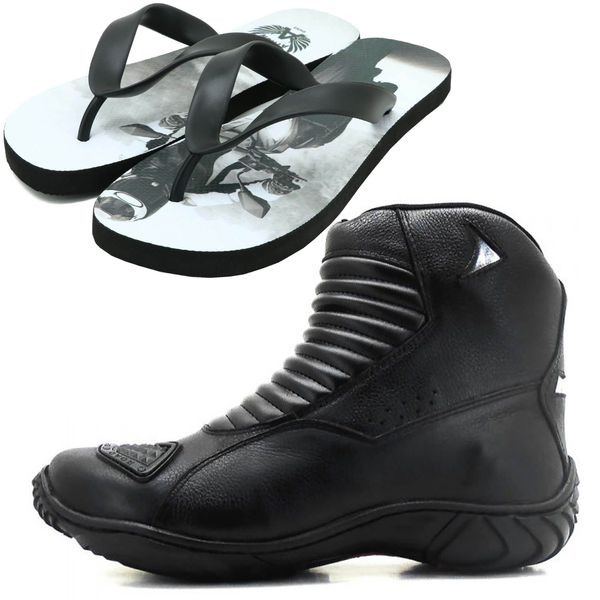 Bota Atron Shoes motociclista em couro com refletivo 301 e chinelo de borracha estampada