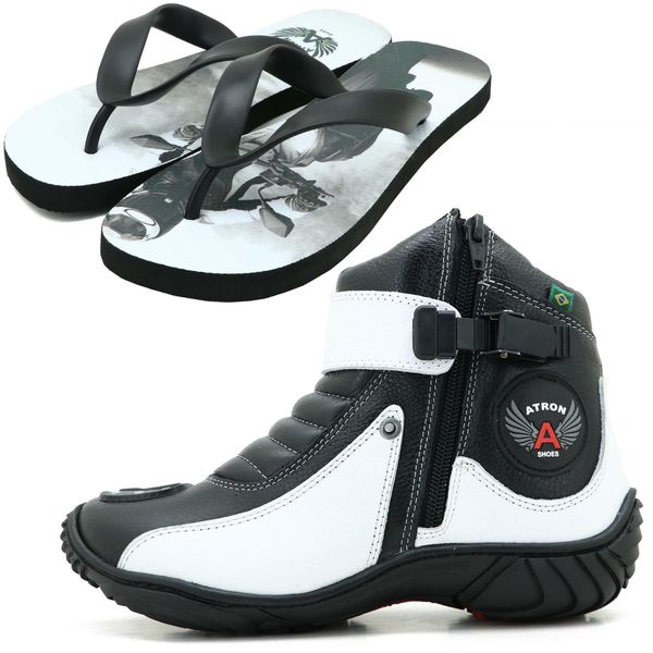 Coturno bota motociclista em couro legítimo preto e branco unissex 271 com chinelo Atron estampado
