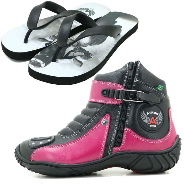 Bota feminina motociclista esportiva pink e preto em couro legítimo 271 com chinelo