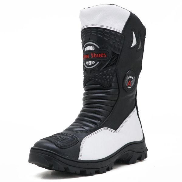Bota Motociclista Couro Legítimo Preta Branca - 307