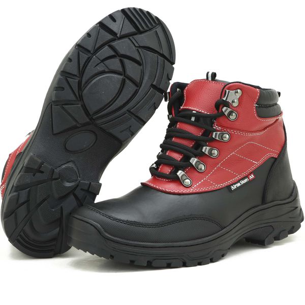 Coturno adventure trekking em couro legitimo preto e vermelho 246
