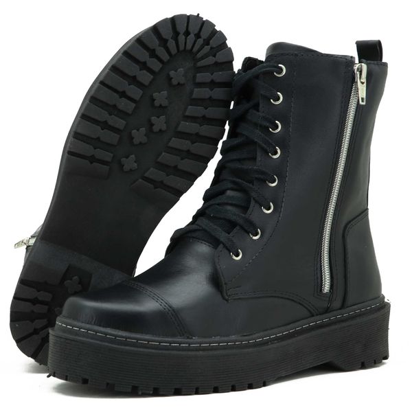 Coturno Feminino Plataforma Alta Em Couro Legítimo Preto Com zíper 9407