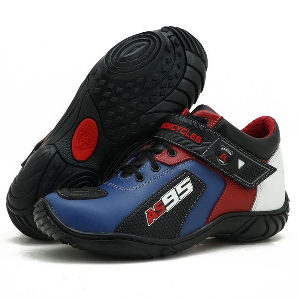 Tênis motociclista AS95 de couro legítimo nas cores azul branco e vermelho 403
