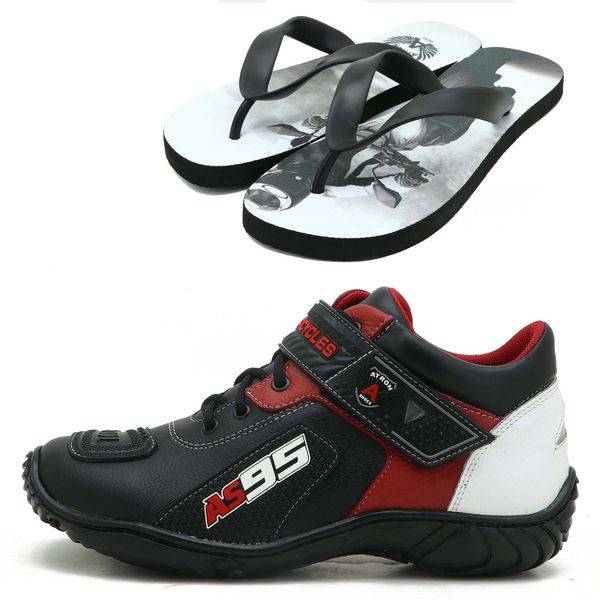 TÊNIS MOTOCICLISTA AS95 DE COURO LEGÍTIMO NA COR PRETA COM VERMELHO E BRANCO 403 KIT CHINELO
