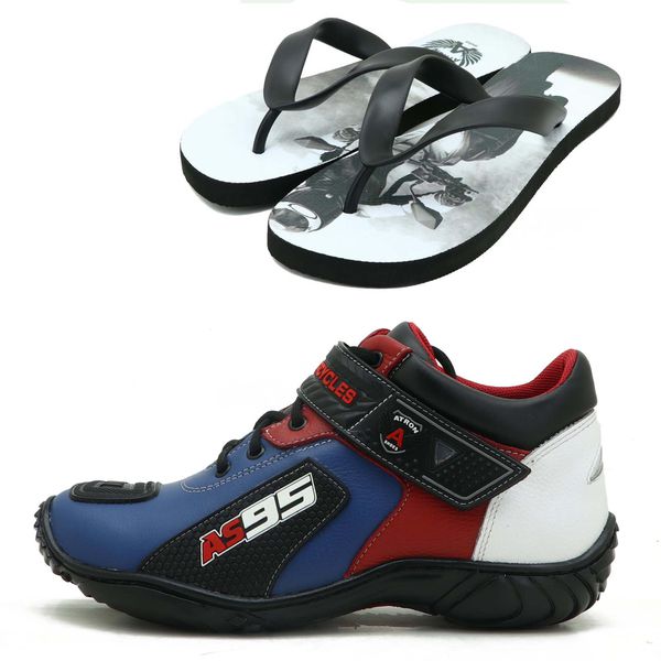 TÊNIS MOTOCICLISTA AS95 DE COURO LEGÍTIMO NAS CORES AZUL BRANCO E VERMELHO 403 KIT CHINELO