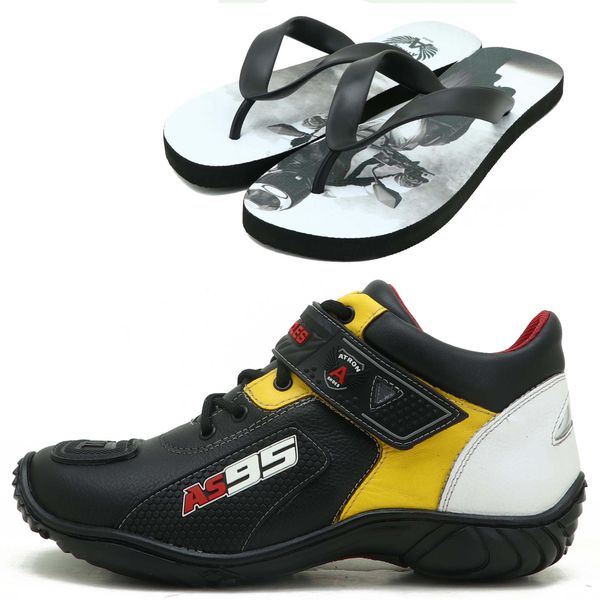 TÊNIS MOTOCICLISTA AS95 EM COURO LEGITIMO NAS CORES PRETO AMARELO E BRANCO 403 KIT CHINELO