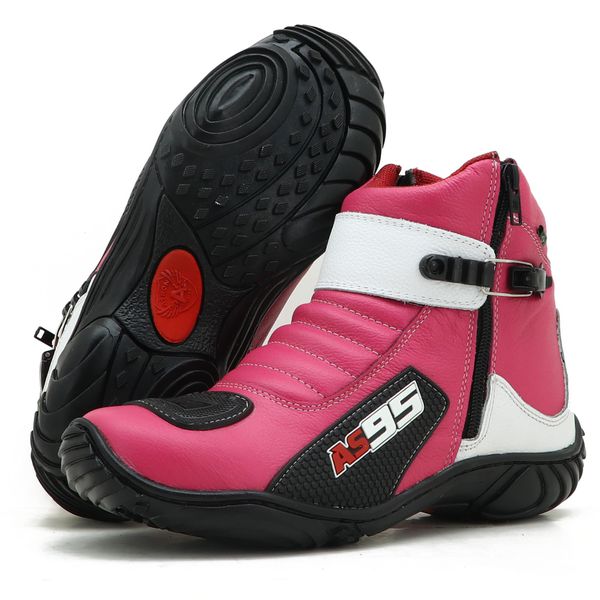 BOTA MOTOCICLISTA FEMININA EM COURO LEGÍTIMO NAS CORES ROSA COM BRANCO AS95