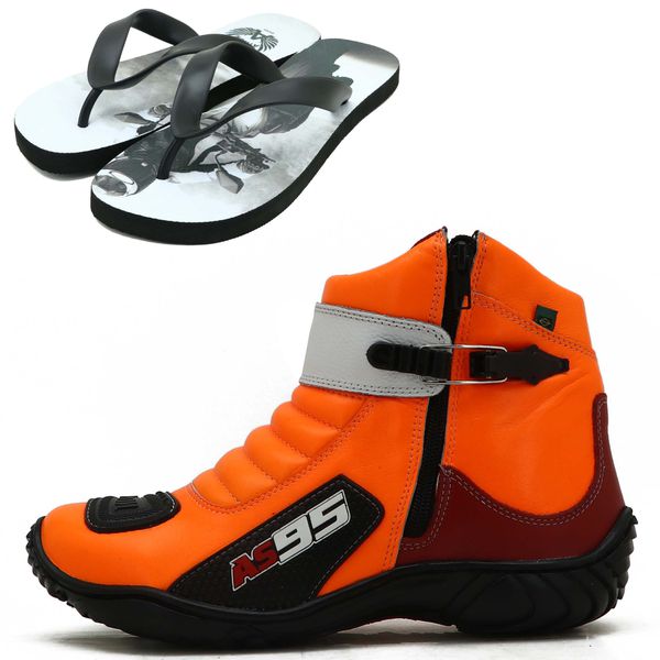 BOTA MOTOCICLISTA COURO LEGÍTIMO LARANJA VERMELHO BRANCO AS95 KIT CHINELO