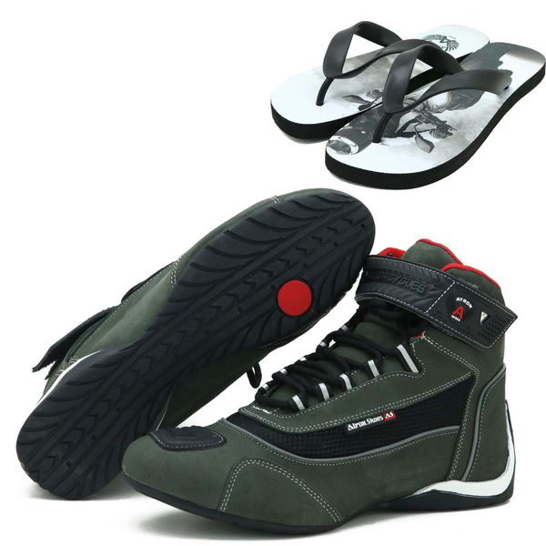 Kit Tênis motociclista cano alto cinza em couro legítimo e refletivo 310 Chinelo