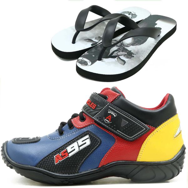 TÊNIS MOTOCICLISTA AS95 DE COURO LEGÍTIMO NAS CORES AZUL AMARELO E VERMELHO KIT CHINELO 403