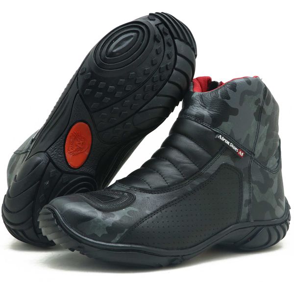 Bota motociclista atron shoes semi impermeável em couro legítimo camuflado cinza 305