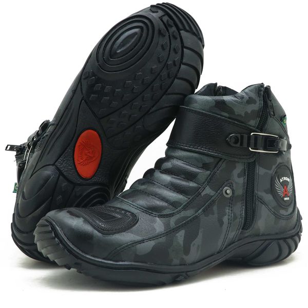 Bota motociclista couro legítimo camuflado cinza 271