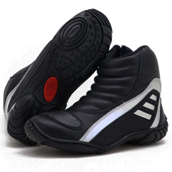 Bota motociclista Atron Shoes Refletiva em couro legítimo resistente a água nas cores preto e prata 279