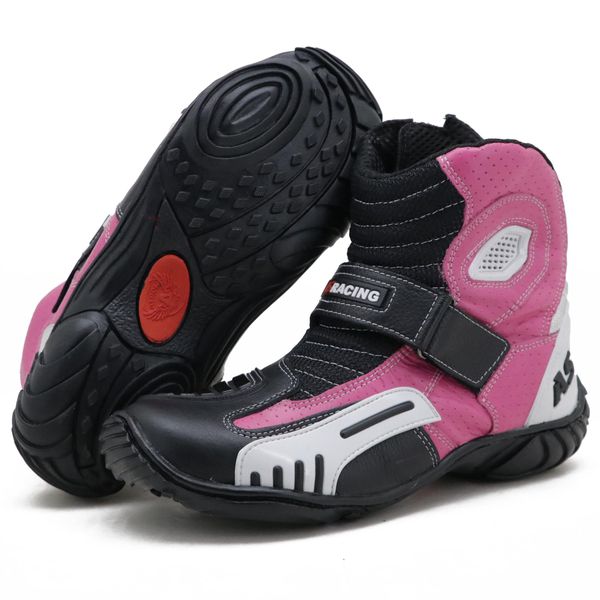 Bota motociclista AS-RACING respirável em couro legítimo nas cores preto branco e pink 406