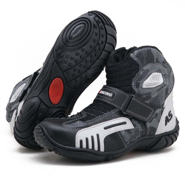 Bota Motociclista As-racing "vented Boots" Em Couro Legítimo Nas Cores Preto Branco E Camuflado 406