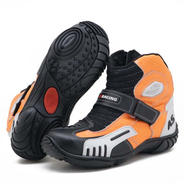 Bota Motociclista As-racing "vented Boots" Em Couro Legítimo Nas Cores Preto Branco Laranja 406